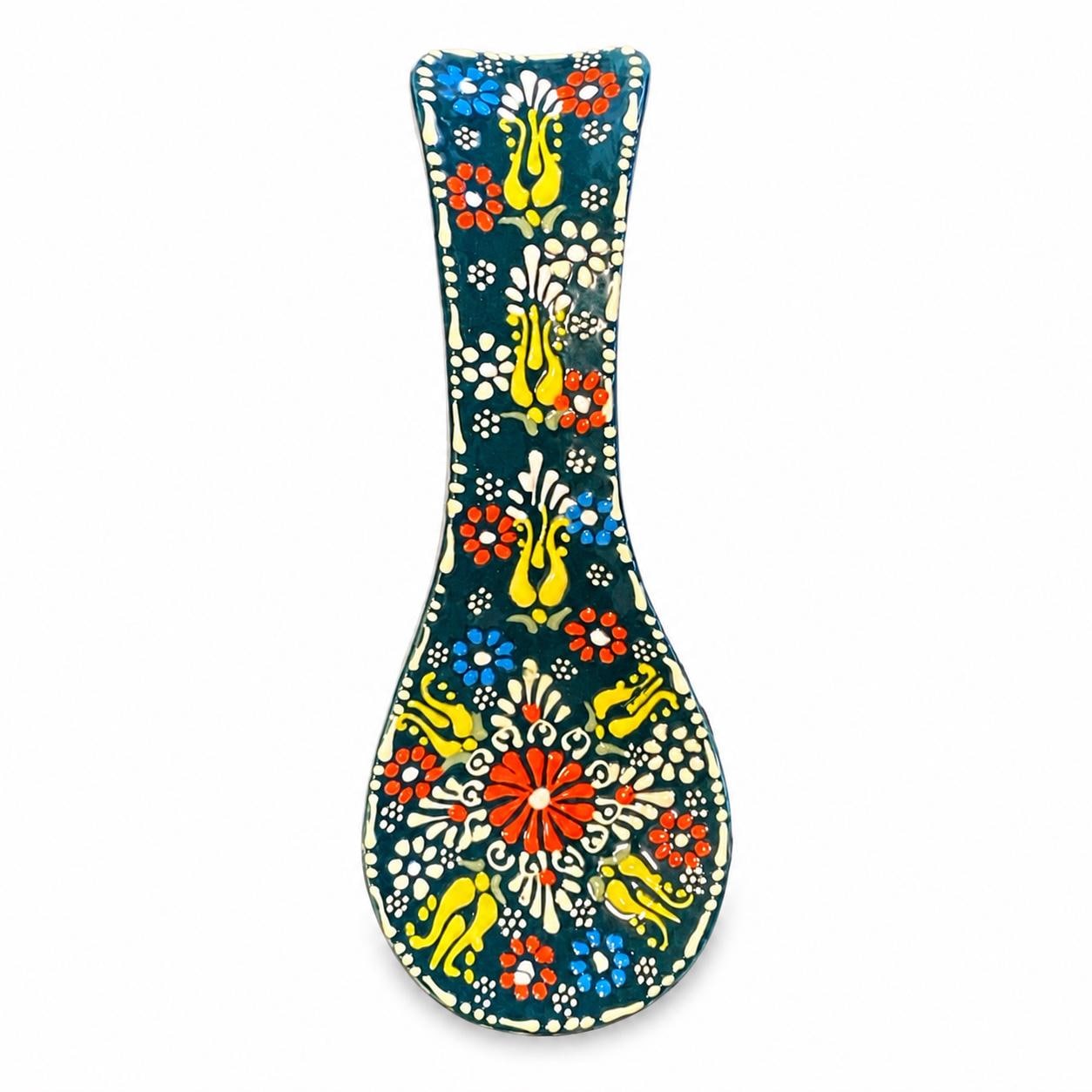 Deep teal hand-painted floral ceramic spoon rest