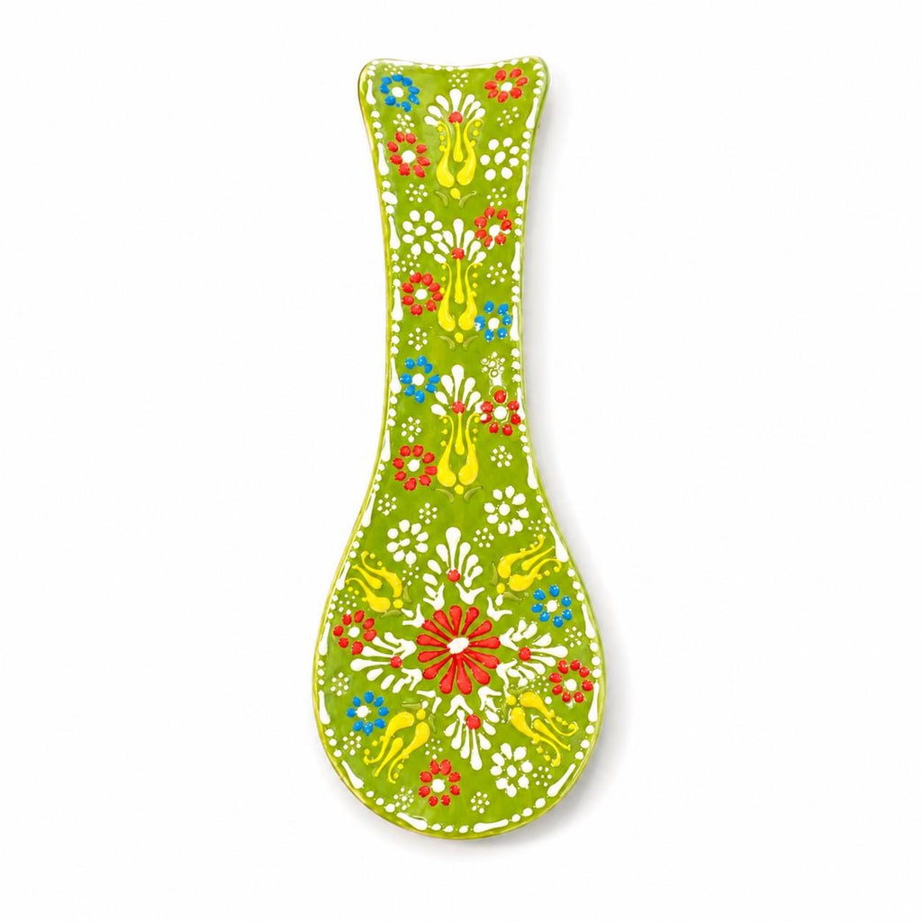 Lime green hand-painted floral ceramic spoon rest