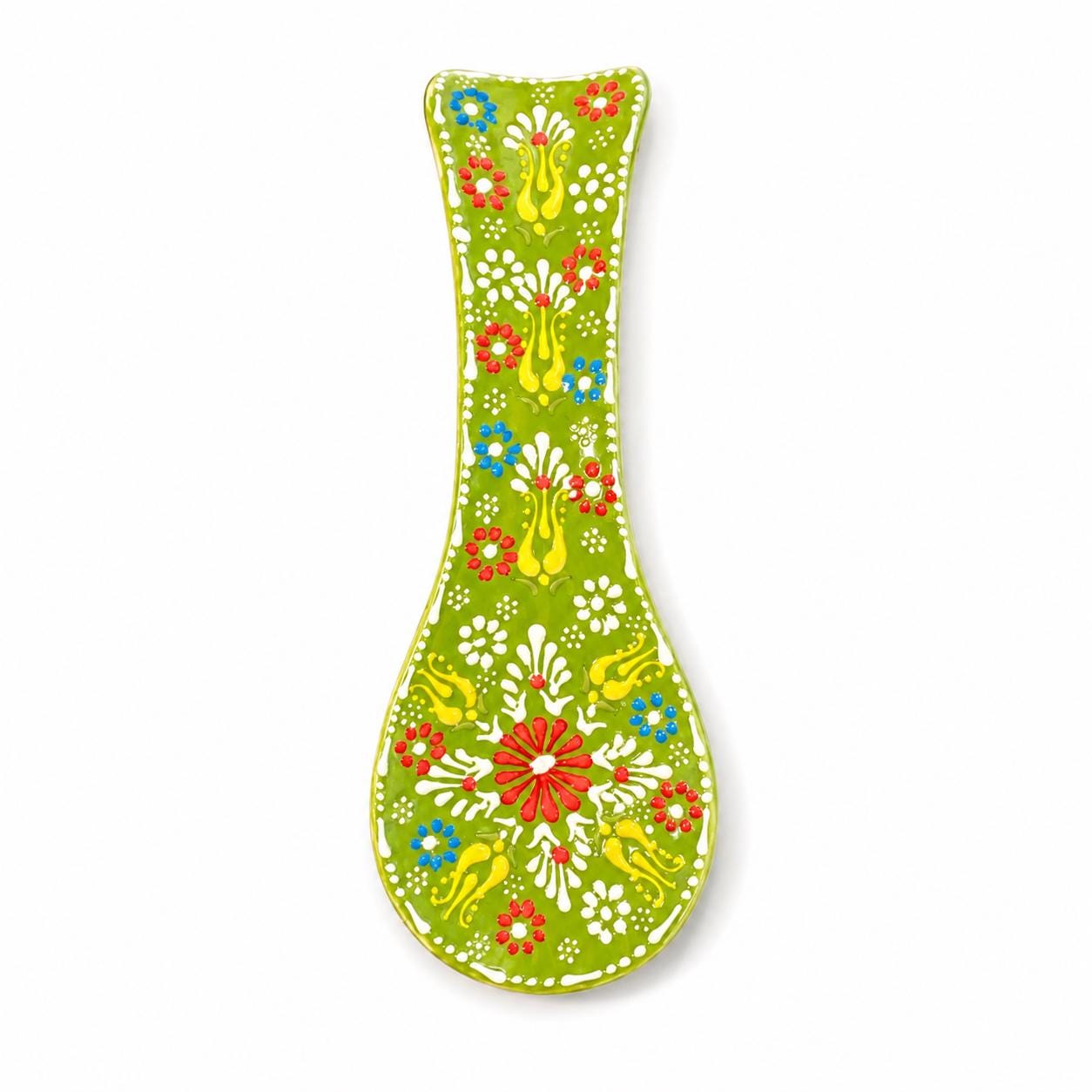 Lime green hand-painted floral ceramic spoon rest