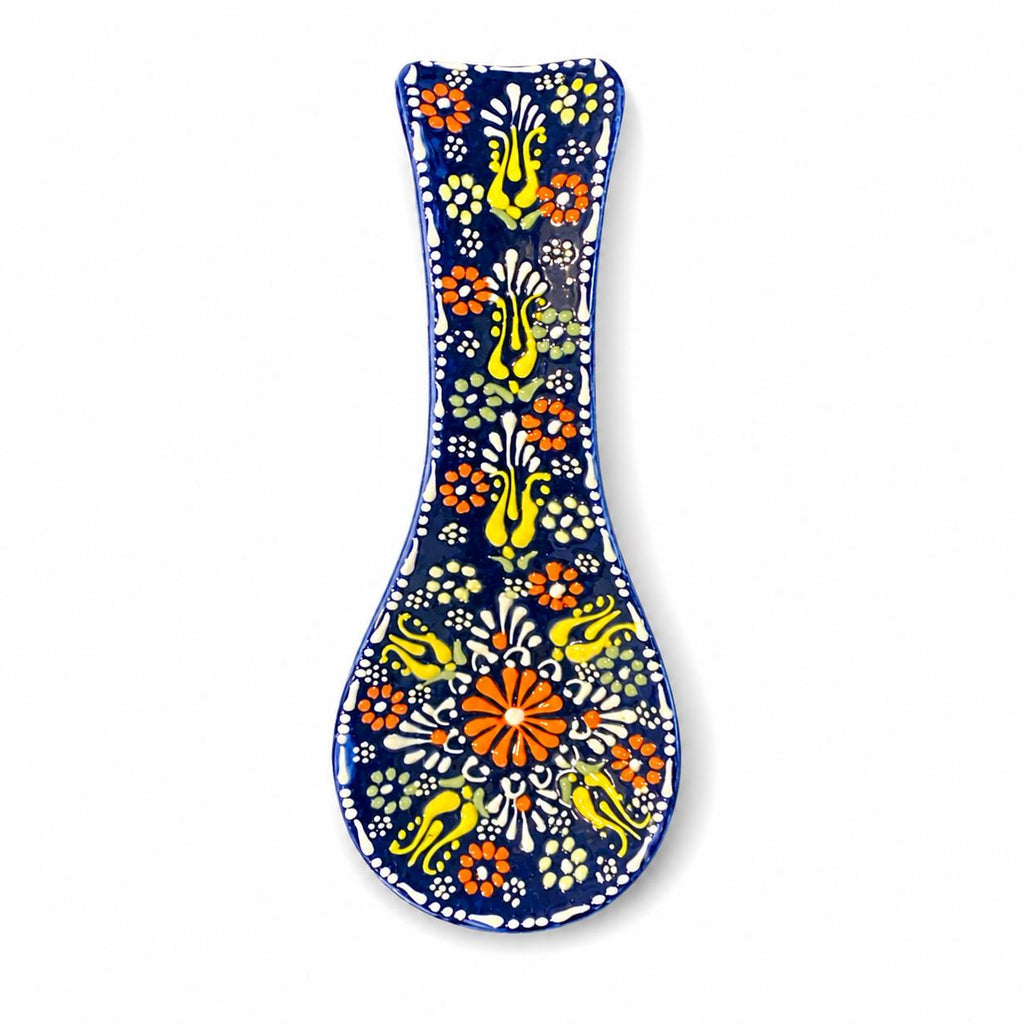 Deep navy hand-painted floral ceramic spoon rest