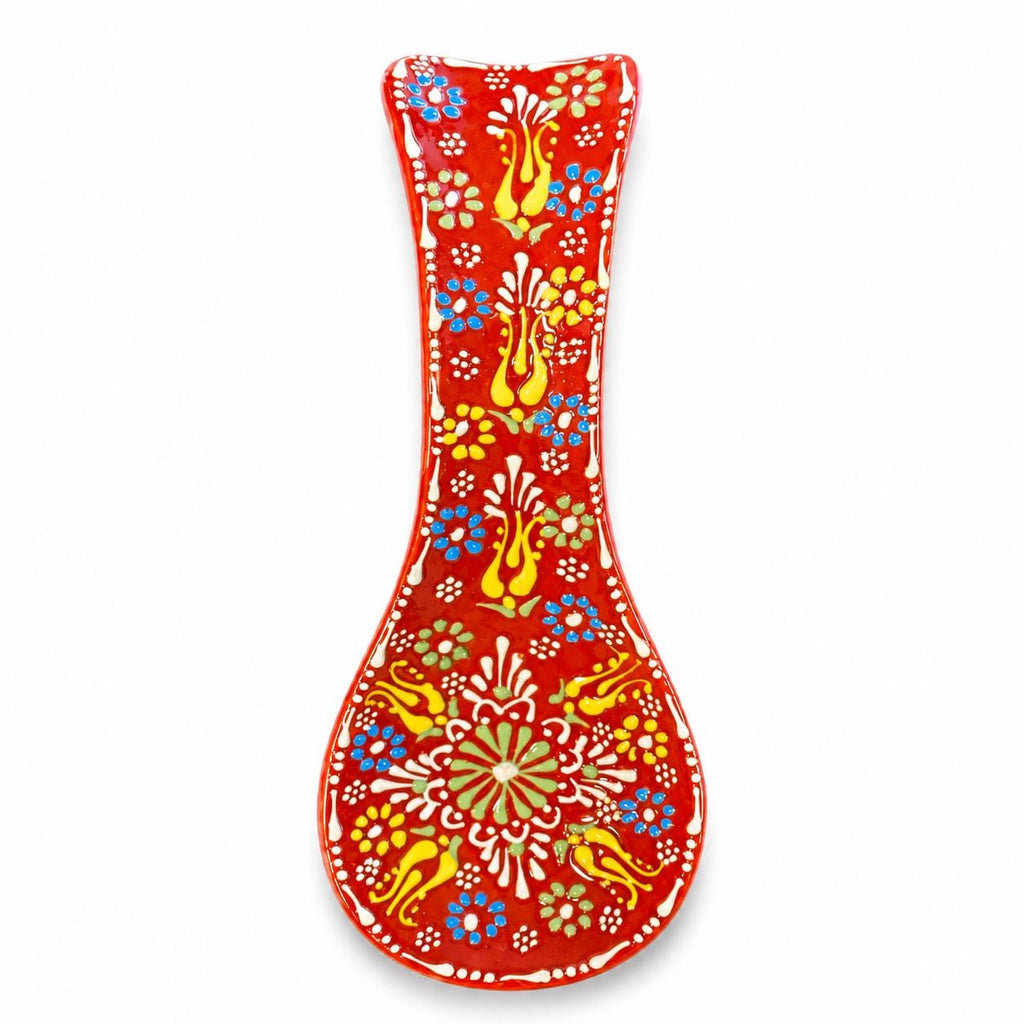 Red hand-painted floral ceramic spoon rest
