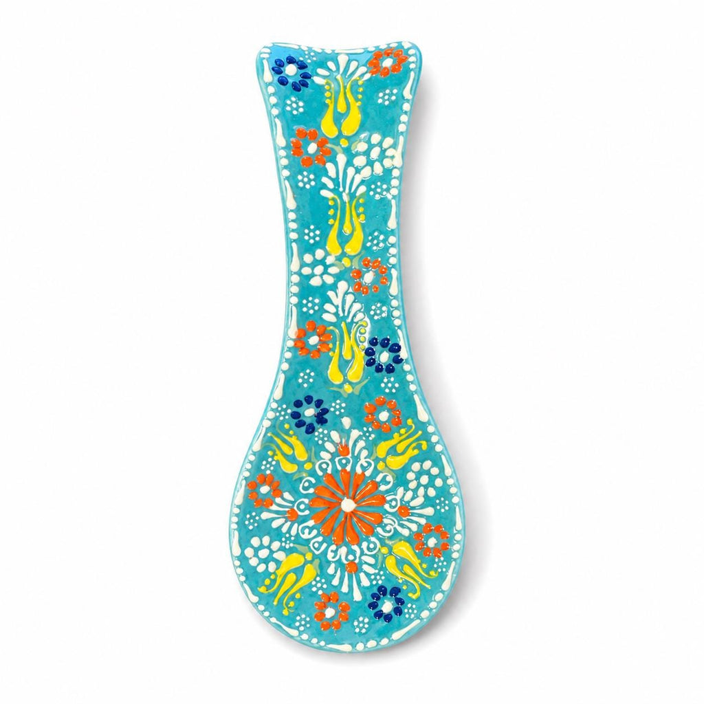 Turquoise hand-painted floral ceramic spoon rest