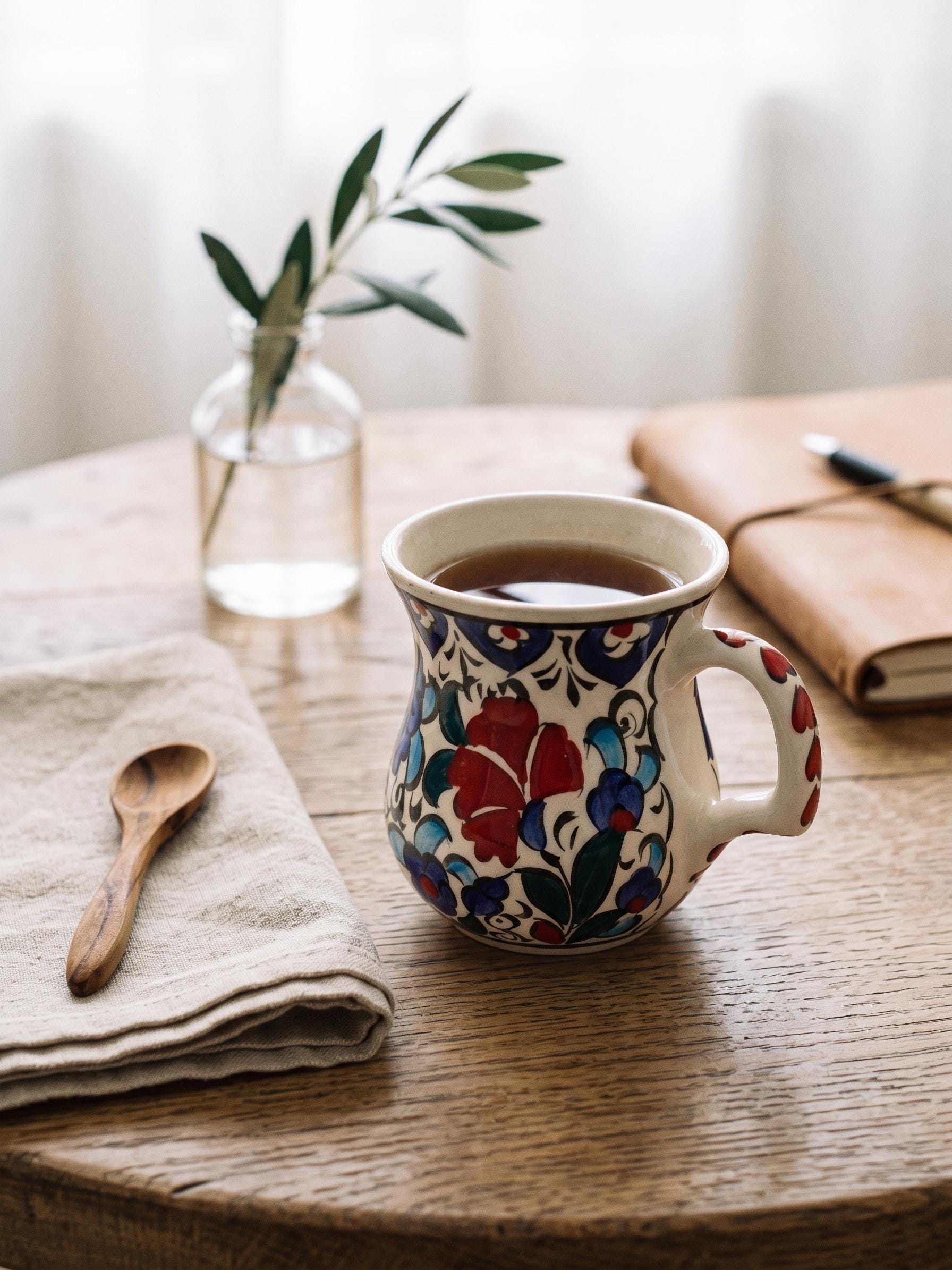 Set of two hand-painted ivory white Turkish ceramic rounded mugs