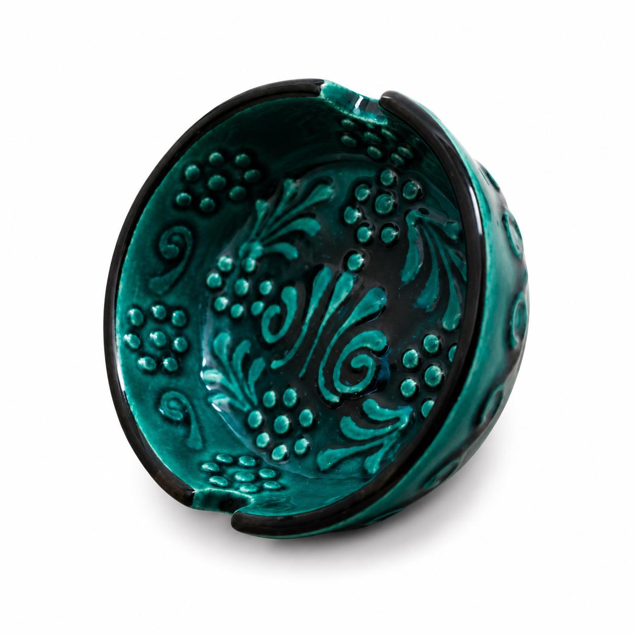 Top view of the teal embossed ceramic ashtray