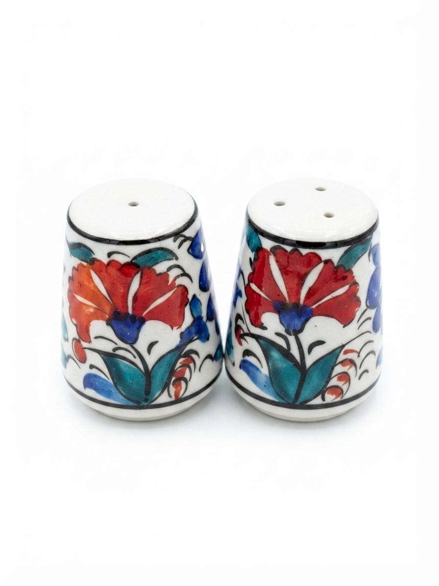Front view of two floral ceramic salt and pepper shakers