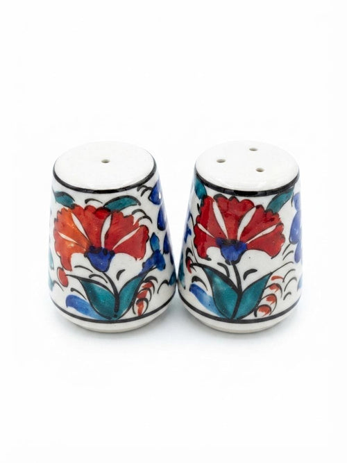 Front view of two floral ceramic salt and pepper shakers