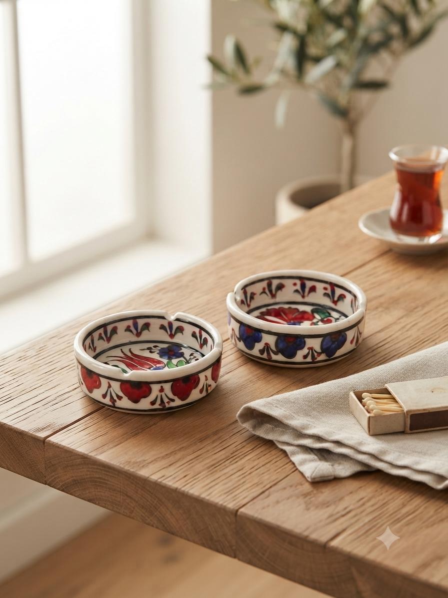 Set of two hand-painted ivory ceramic ashtrays