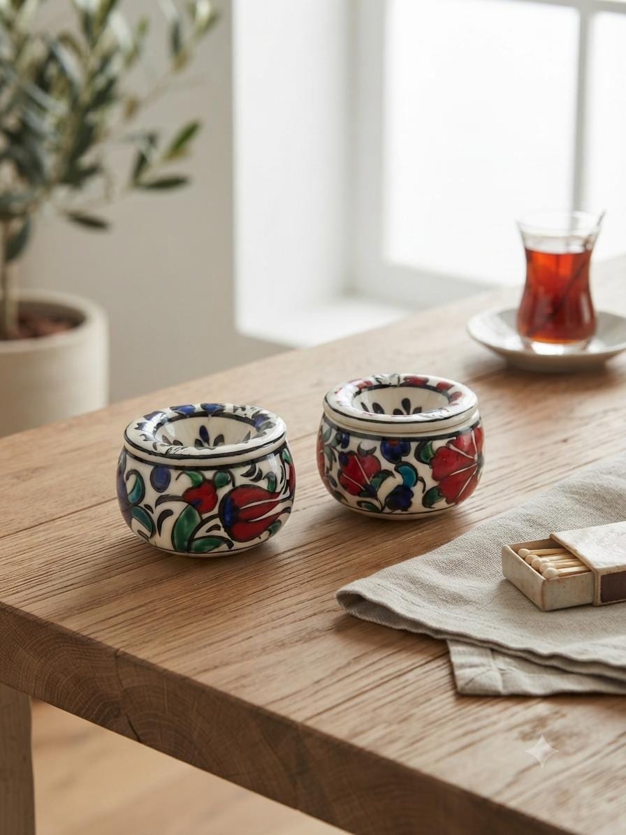 Set of two hand-painted floral ceramic ashtrays