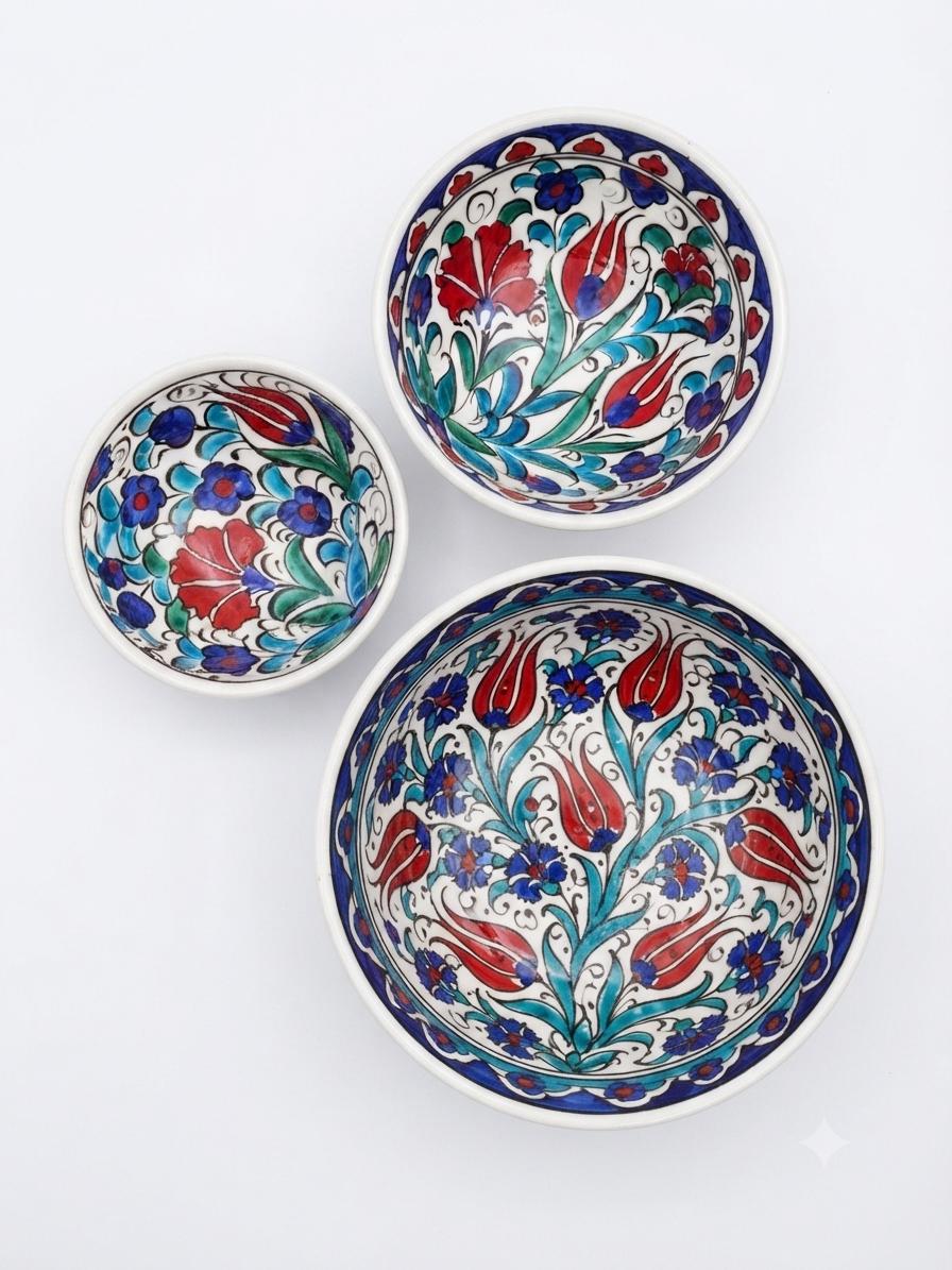 Three graduated ceramic bowls showing their floral interiors