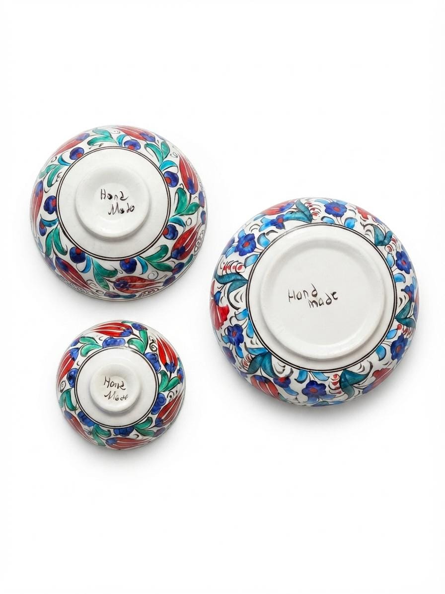 Undersides of the three hand-painted ceramic serving bowls