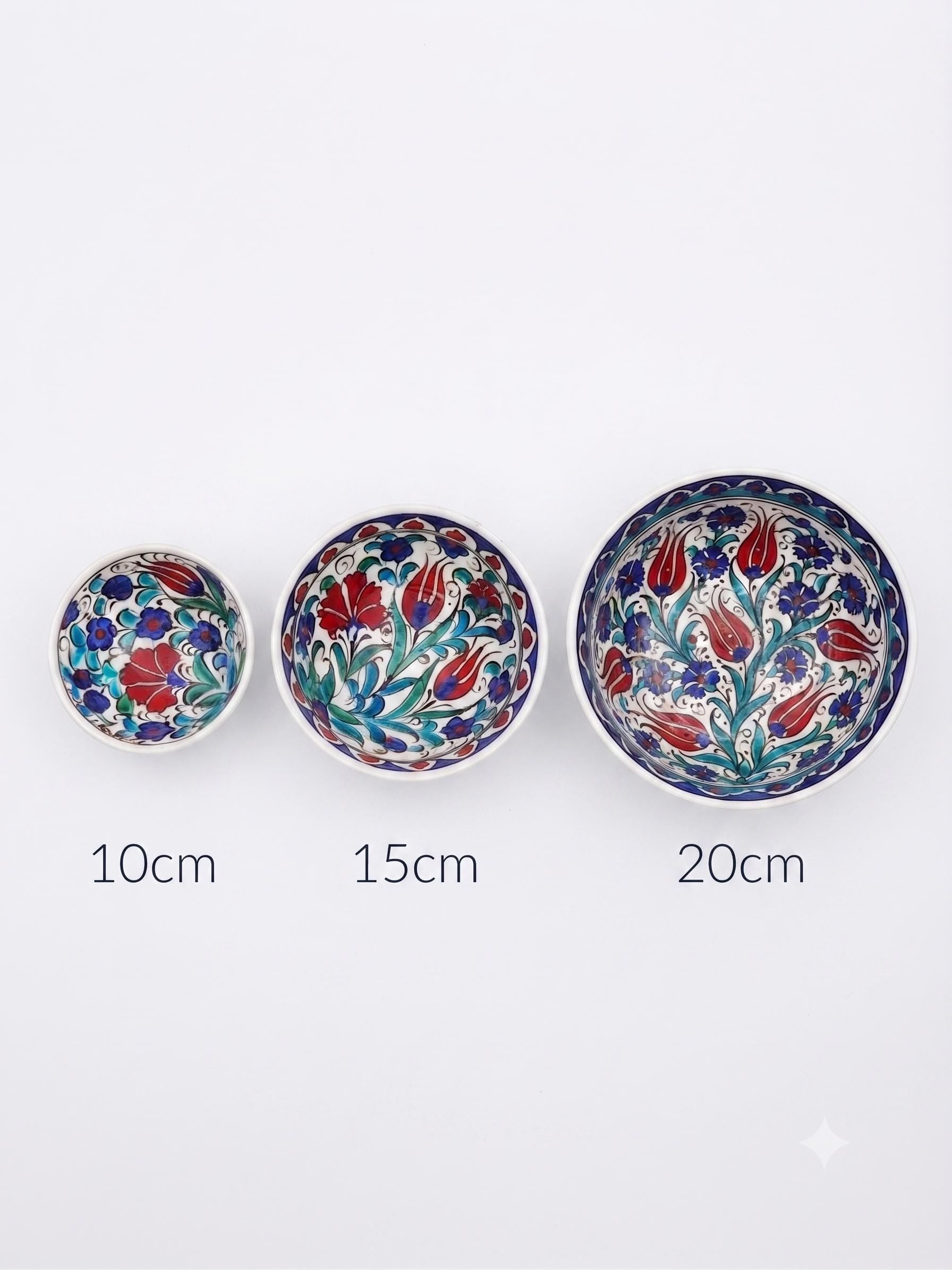 Size comparison of the 10 cm 15 cm and 20 cm ceramic bowls