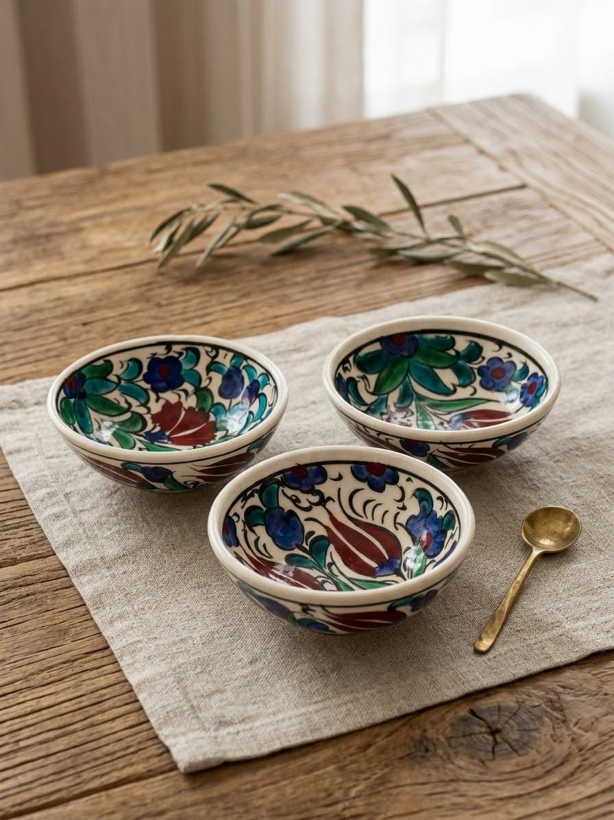 Set of three hand-painted ceramic bowls with a small serving spoon