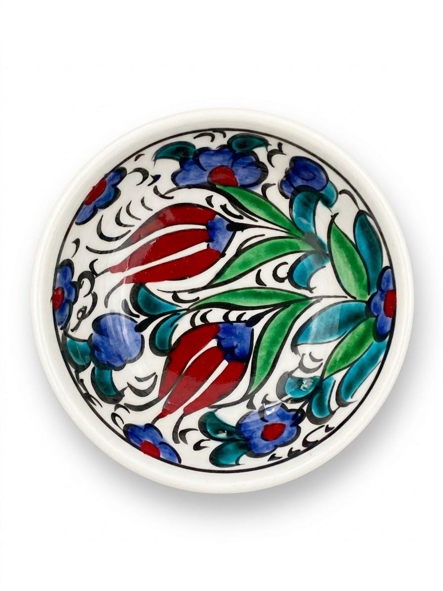 Top view of a hand-painted floral ceramic bowl