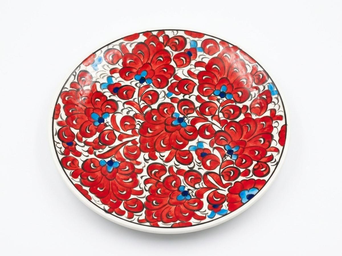 Top view of the red floral Ottoman ceramic serving plate