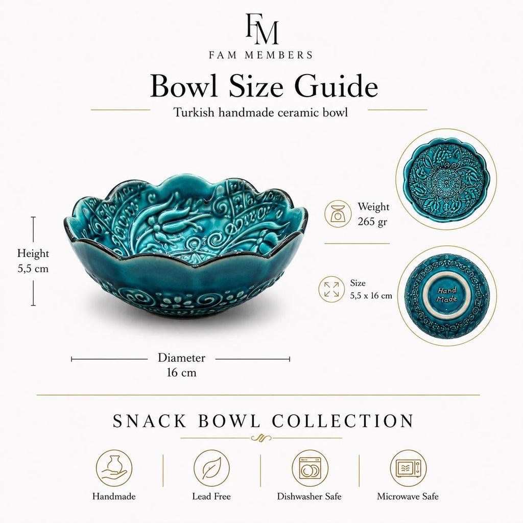 Turkish Ceramic Bowl Set of 6, Blue Teal Floral Snack Bowls, 16 cm — image 2