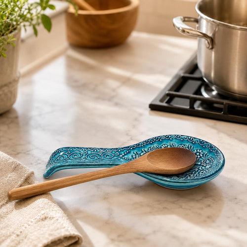 Ceramic Spoon Rest Set of 2, Blue Teal Floral Turkish Pottery, 22 cm — image 1