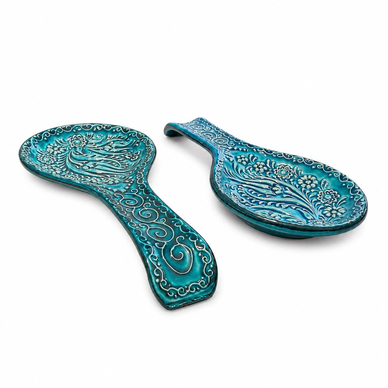 Ceramic Spoon Rest Set of 2, Blue Teal Floral Turkish Pottery, 22 cm — image 3