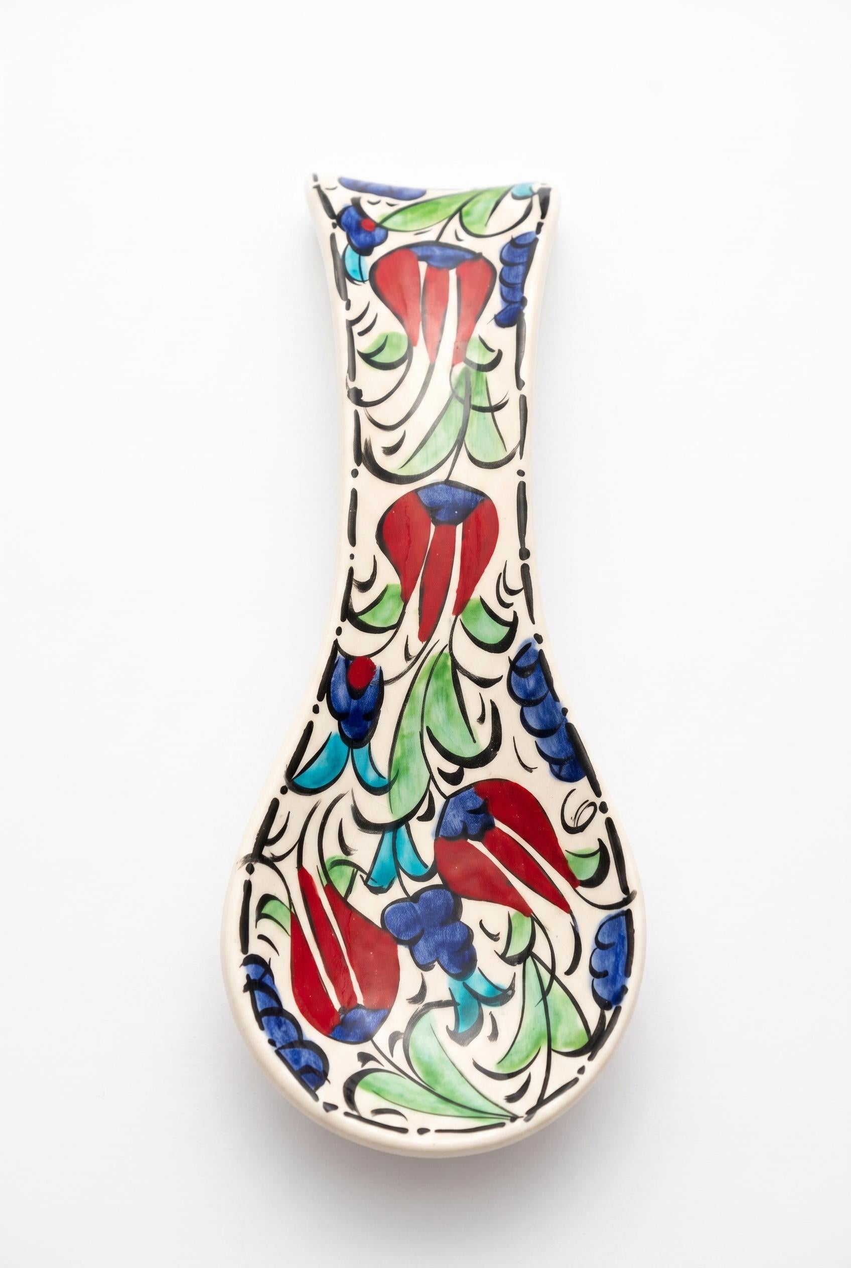 Hand-Painted Ceramic Spoon Rest, Ottoman Model Floral Utensil Holder, Turkish Pottery Kitchen Gift — image 1