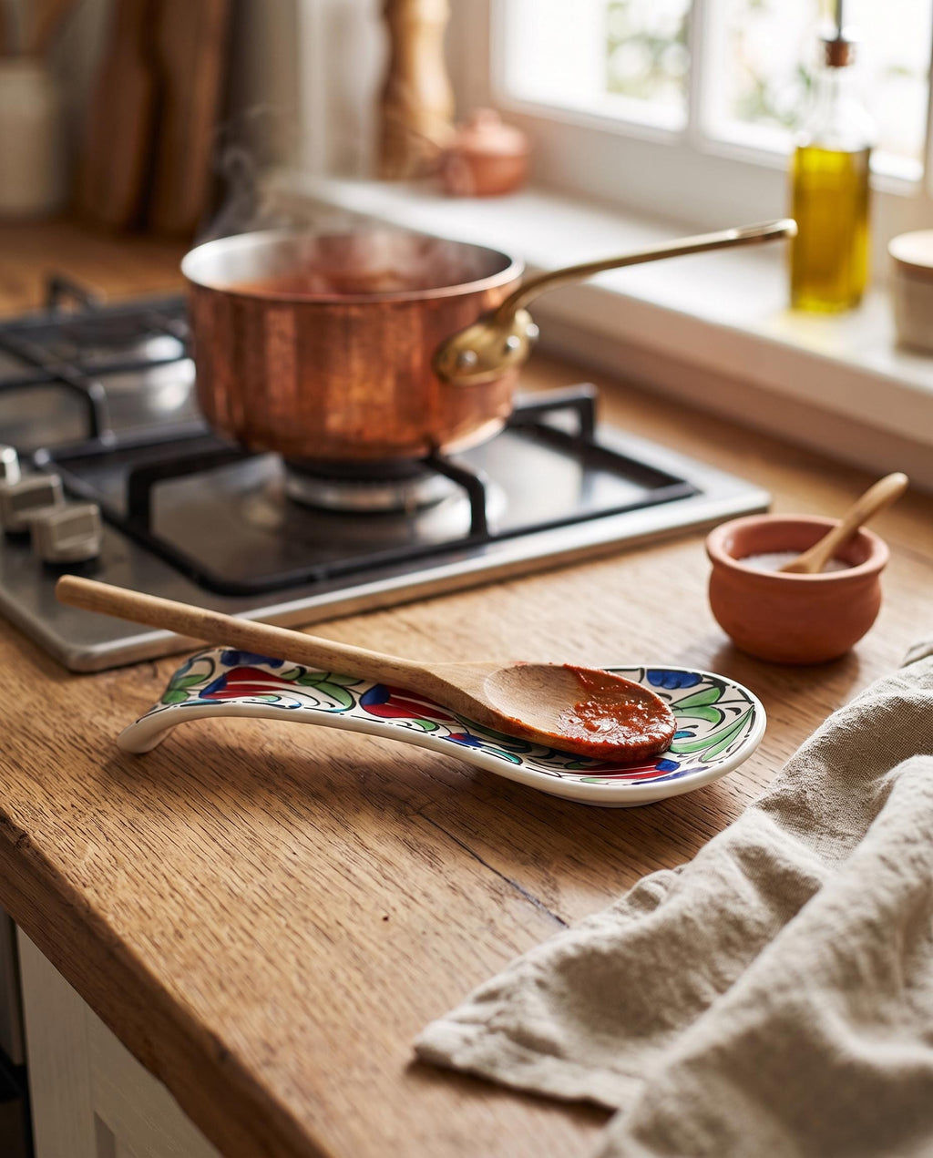 Hand-Painted Ceramic Spoon Rest, Ottoman Model Floral Utensil Holder, Turkish Pottery Kitchen Gift — image 4