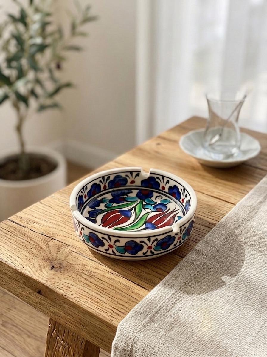 Set of 2 Hand-Painted Ottoman Ceramic Ashtrays, Blue & White Turkish Pottery, 10.5 cm — image 1