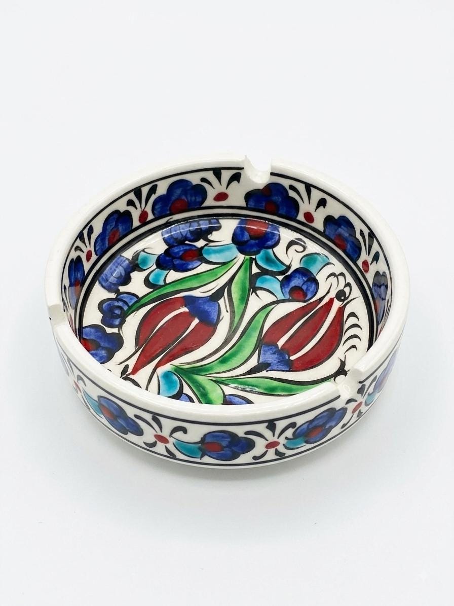 Set of 2 Hand-Painted Ottoman Ceramic Ashtrays, Blue & White Turkish Pottery, 10.5 cm — image 2