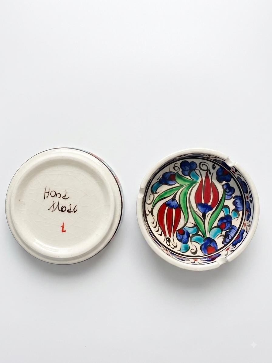 Set of 2 Hand-Painted Ottoman Ceramic Ashtrays, Blue & White Turkish Pottery, 10.5 cm — image 3