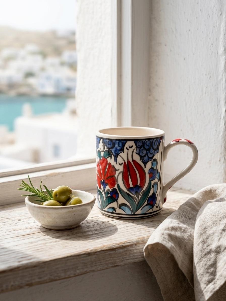Set of 2 Hand-Painted Ceramic Mugs, Ottoman Style Floral Turkish Pottery Coffee Cups — image 1