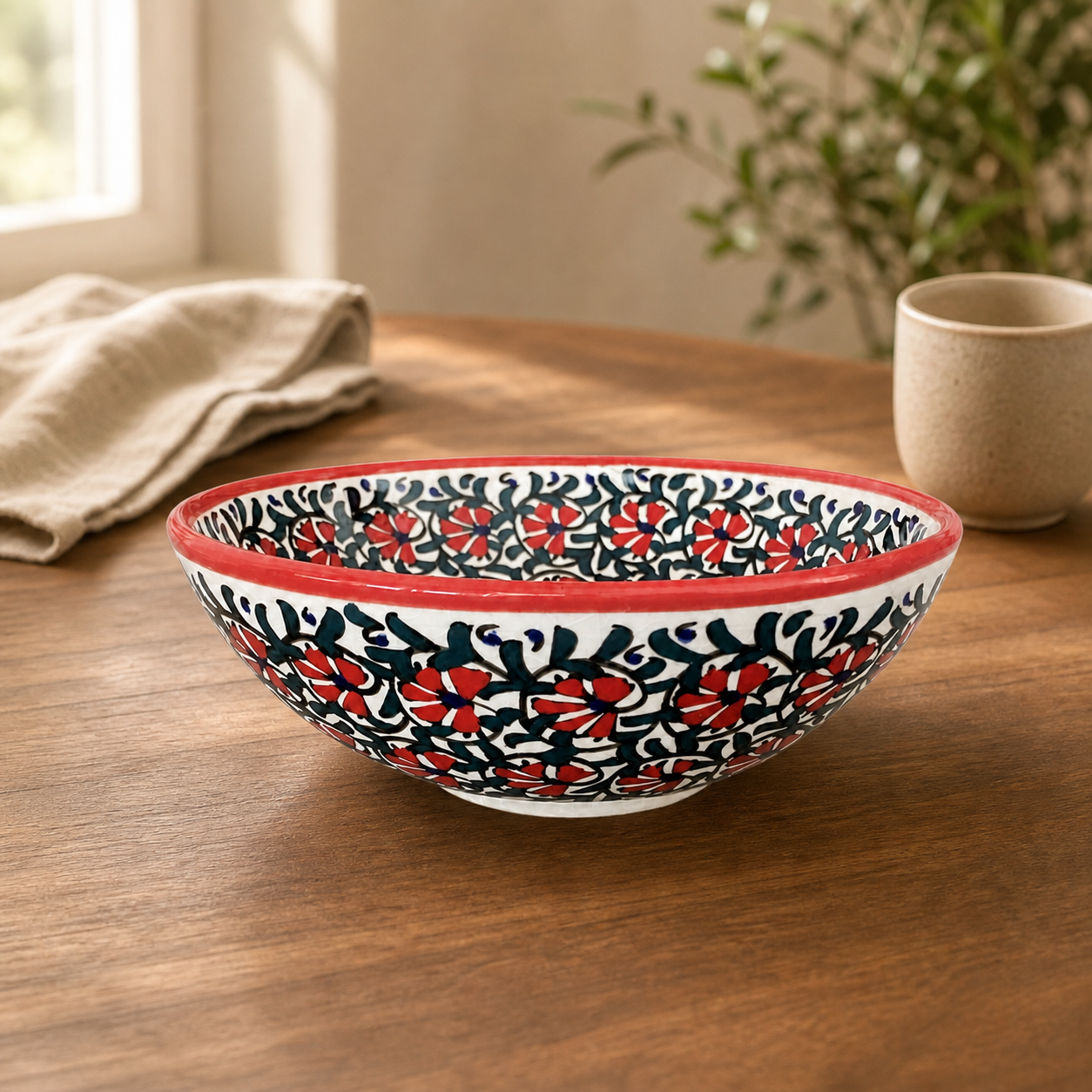 Red hand-painted ceramic bowl on a warm wooden table